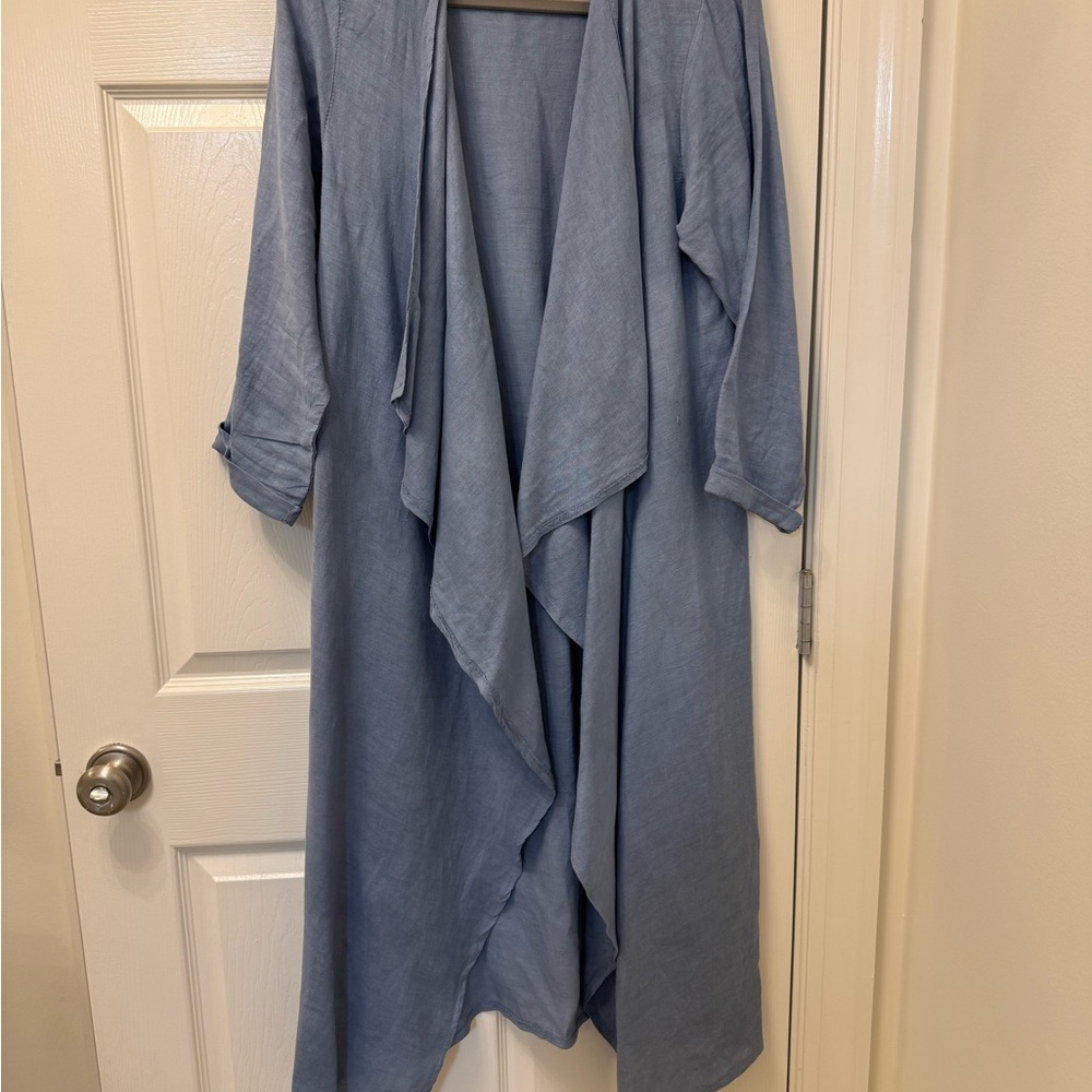 Abella Blue Cape Long Jacket with Open Front and Flowing Design